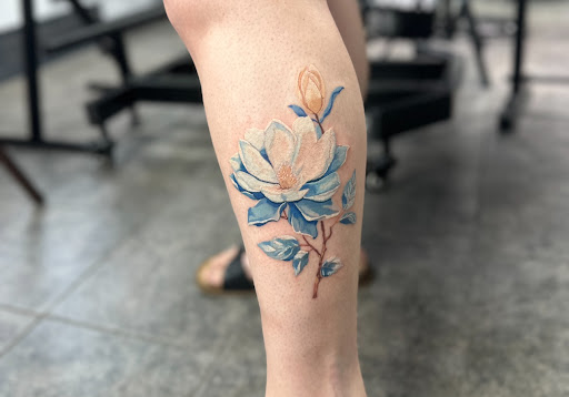 Explore leg tattoo ideas for men, creative tattoo ideas in Bryan, available at The Blackest Crow Tattoo Studio