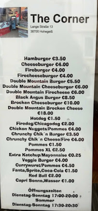 Restaurant de hamburgers The Corner à Braunlage (la carte)