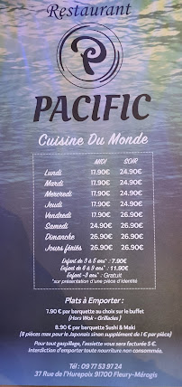 Restaurant de type buffet PACIFIC 91 à Fleury-Mérogis (le menu)