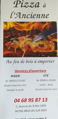 Menu / carte de Pizza à l'Ancienne à Argelès-sur-Mer