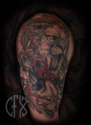 Explore tattoo ideas for shoulder and arm, creative tattoo ideas in Addison, available at Cat Tattoo