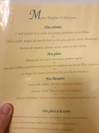 Restaurant Le Comptoir des Templiers à Noyon (le menu)