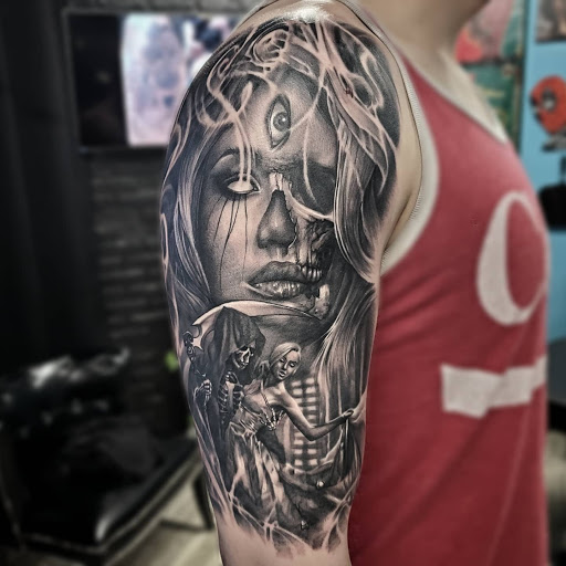 Explore chest sleeve tattoo ideas, creative tattoo ideas in Utica, available at Watchtower Tattoo Company