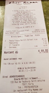 East Mamma à Paris menu