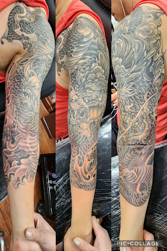 Explore patriotic sleeve tattoo ideas, creative tattoo ideas in Seattle, available at Dragon Tattoo