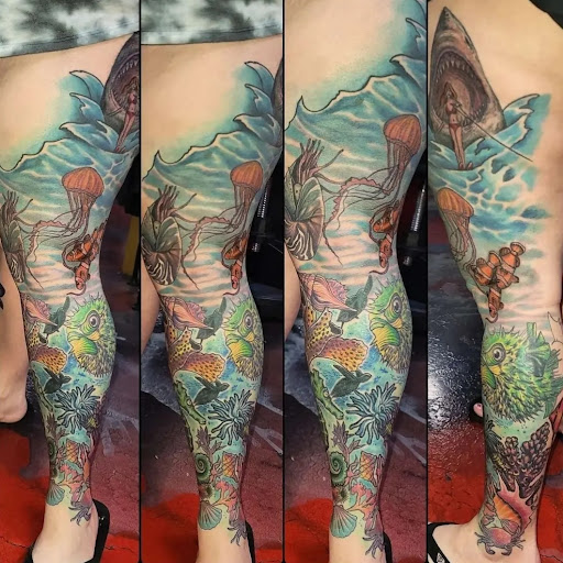 Explore female leg tattoo ideas, creative tattoo ideas in Yucca Valley, available at Strata Tattoo Lab LLC