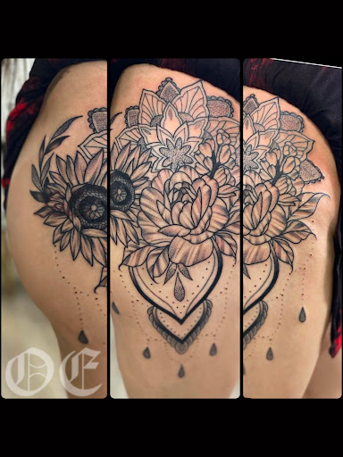 Explore tattoos on the thigh ideas, creative tattoo ideas in Chatsworth, available at Old English Tattoo Studio