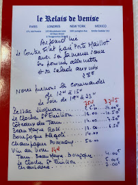 Restaurant de viande Le Relais de Venise - son entrecôte à Paris (la carte)