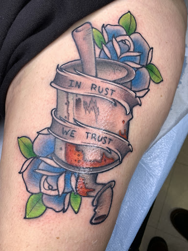 Explore gas mask tattoo ideas, creative tattoo ideas in Fleetwood, available at Fodor Ink Tattoo Studio