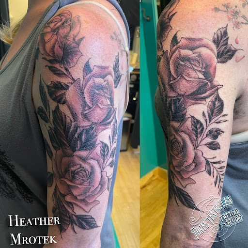 Explore black and grey tattoo filler ideas, creative tattoo ideas in Hayward, available at Three Tentacles Tattoo Studio