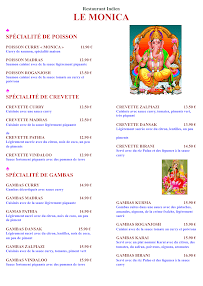 Restaurant indien Le Monica à Toulouse (le menu)