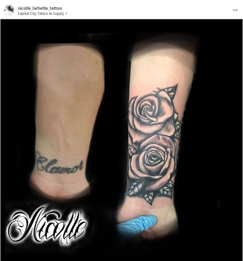 Explore heart and rose tattoo ideas, creative tattoo ideas in Concord, available at Capital City Tattoo LLC