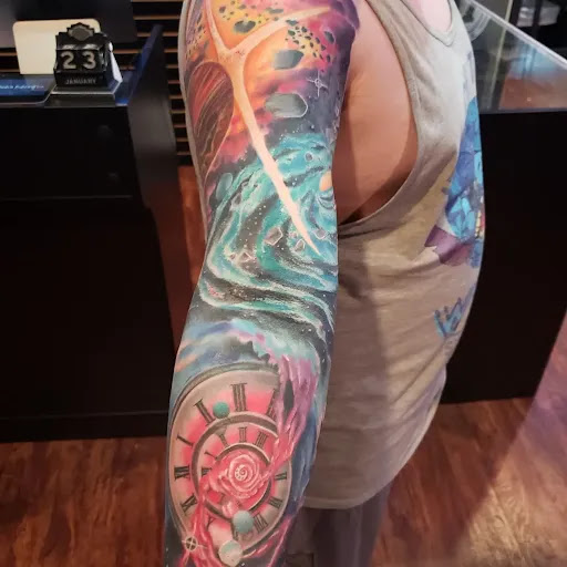 Explore religious sleeve tattoo ideas, creative tattoo ideas in Pearland, available at Black List Tattoo & Piercing Co.