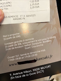 Menu / carte de Kanzaki à Belfort