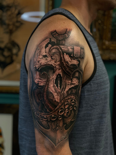 Explore bass fishing tattoo ideas, creative tattoo ideas in Annapolis, available at Lucky Bird Tattoo