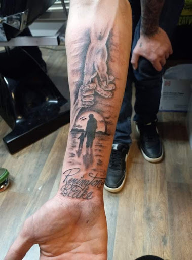 Explore traditional elbow tattoo ideas, creative tattoo ideas in Pikeville, available at The Carbon Canary Tattoo Studio