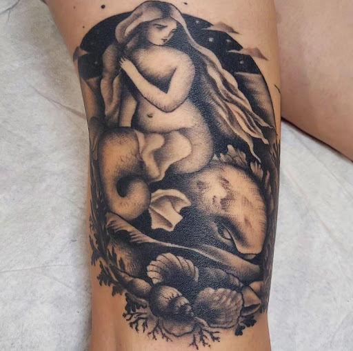 Explore lion sleeve tattoo ideas, creative tattoo ideas in Worcester, available at Ideal Americana Tattoo Company