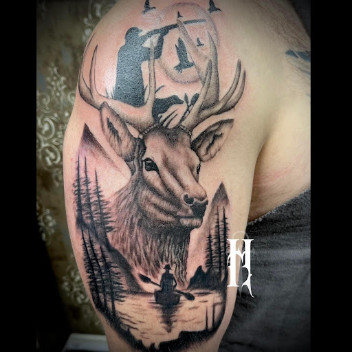 Explore chest name tattoo ideas, creative tattoo ideas in Medina, available at Burning River Tattoo