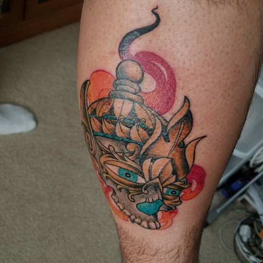 Explore patchwork sleeve tattoo ideas, creative tattoo ideas in Johns Island, available at The Gilded Mermaid Tattoo Studio
