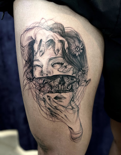 Explore lower back cover up tattoo ideas, creative tattoo ideas in Houston, available at Black Swan Tattoo Studio