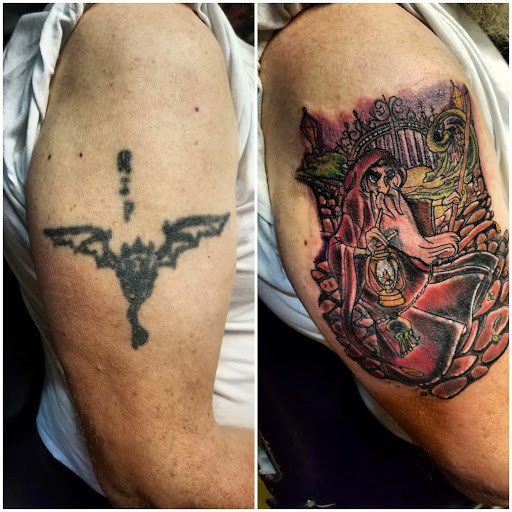 Explore hip thigh tattoo ideas, creative tattoo ideas in Cumberland, available at Queen City Ink