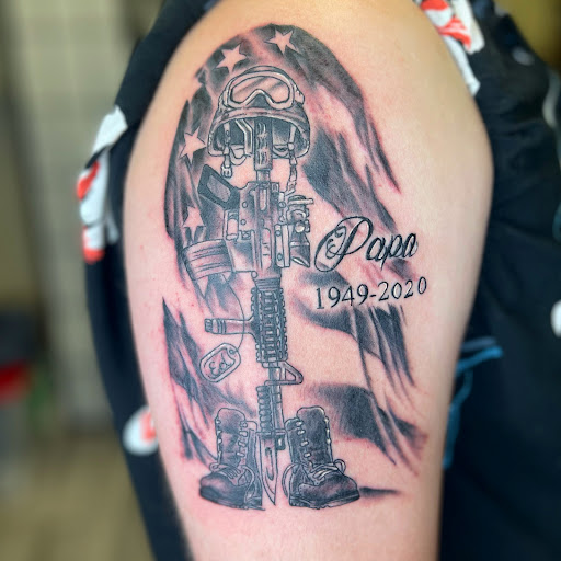 Explore tattoo name placement ideas, creative tattoo ideas in Watford City, available at Soulful Ink Studios