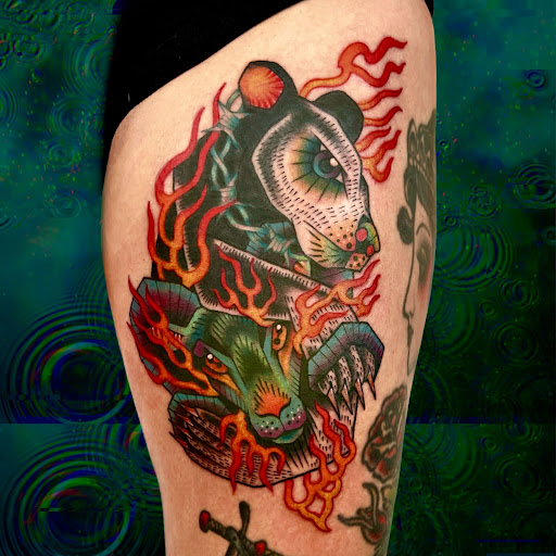 Explore hip and thigh tattoo ideas, creative tattoo ideas in Athens, available at Pink Goblin Tattoo & Piercing