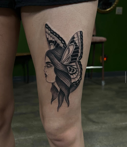 Explore mask tattoo ideas, creative tattoo ideas in Bloomington, available at Crystal Moon Body Arts