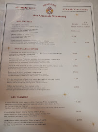 Restaurant de spécialités alsaciennes Aux Armes de Strasbourg à Strasbourg (le menu)