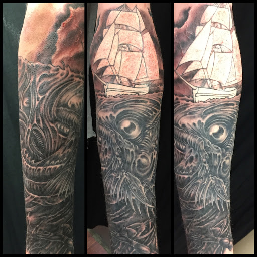 Explore 1/2 sleeve tattoo ideas, creative tattoo ideas in San Diego, available at Funhouse Tattoo