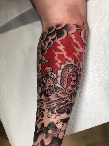 Explore fenrir tattoo ideas, creative tattoo ideas in Orange, available at North Quabbin Tattoo