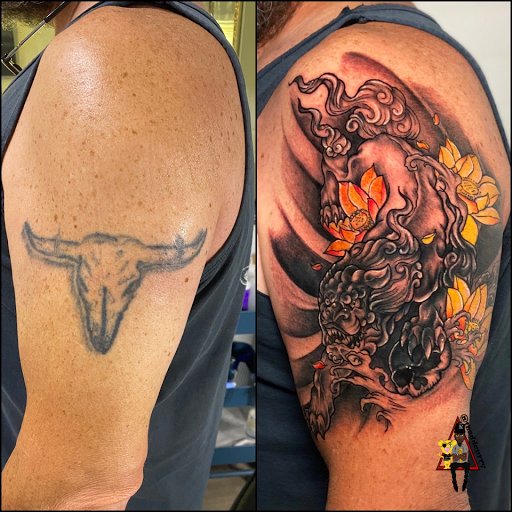 Explore name cover up tattoo ideas, creative tattoo ideas in Lexington, available at Toye Shop Ink.