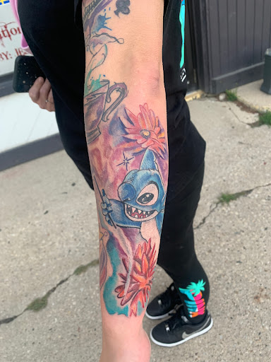 Explore gangster sleeve tattoo ideas, creative tattoo ideas in Green Bay, available at Darkside Tattoo By Jesse Skywalker