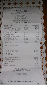Restaurant italien Osteria dell'Anima à Rome (la carte)