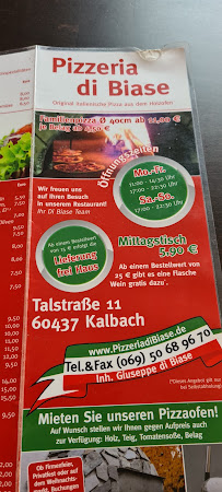 Carte du Pizzeria Di Biase Frankfurt am Main à Frankfurt