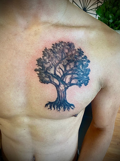 Explore chest piece tattoo ideas woman, creative tattoo ideas in Fort Collins, available at Solana Tattoo Company