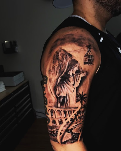 Explore tribal head tattoo ideas, creative tattoo ideas in Westwood, available at Dom Astro Tattoo Company