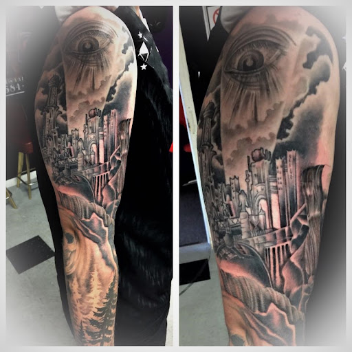 Explore cross tattoo sleeve ideas, creative tattoo ideas in Geneva, available at BTK Ink
