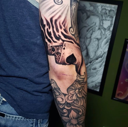 Explore slot machine tattoo ideas, creative tattoo ideas in Dallas, available at Change of Tides Tattoo