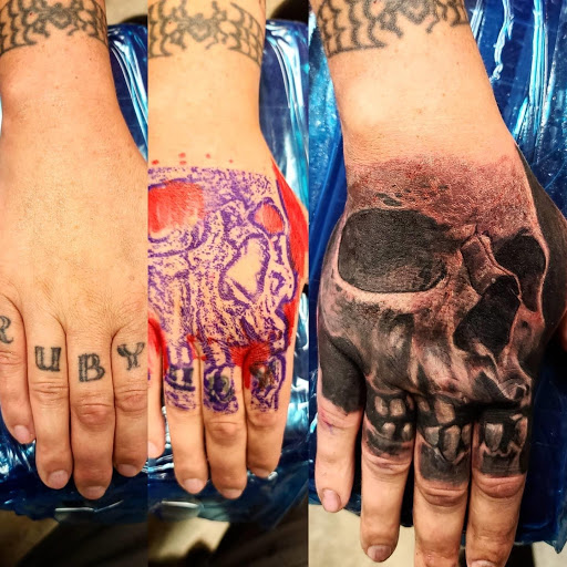 Explore mens color sleeve tattoo ideas, creative tattoo ideas in Kenosha, available at Kenosha Tattoo Company