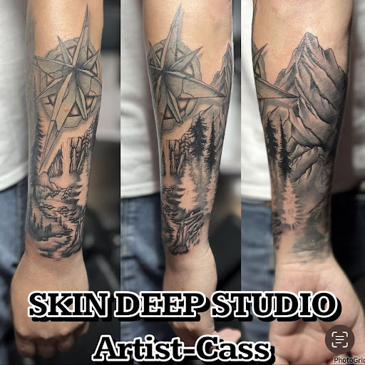 Explore music tattoo sleeve ideas, creative tattoo ideas in Roscoe, available at Skin Deep Studio Body Art & Beauty