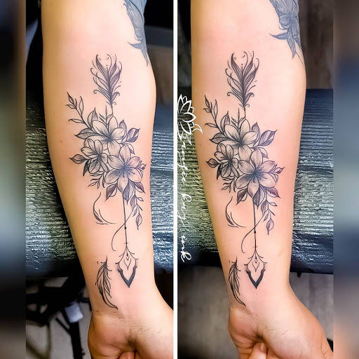 Explore sunflower sleeve tattoo ideas, creative tattoo ideas in Casper, available at Luna & Lotus Amethyst Ink Angie Kay