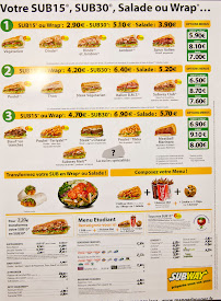 Menu du Subway à Angers