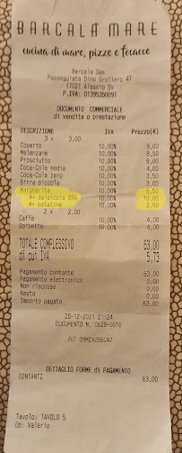 Menu / carte de Barcalà al mare à Alassio