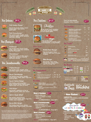 menu du Restaurant de hamburgers MYTHIC BURGER Toulouse Rangueil à Toulouse