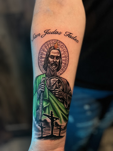 Explore large thigh tattoo ideas, creative tattoo ideas in Hudson, available at The Bohemian Social Club