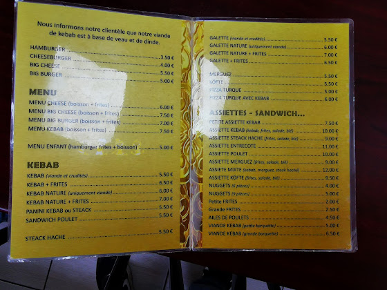 menu du restaurants Kebab d'Or à Rostrenen