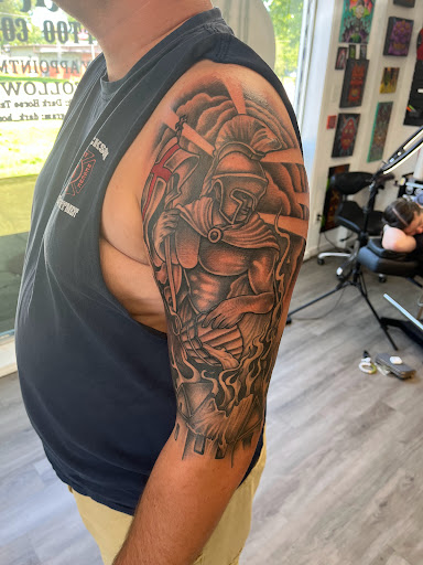 Explore mens patchwork tattoo ideas, creative tattoo ideas in Belleville, available at Dark Horse Tattoo Company, LLC