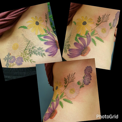Explore flower leg tattoo ideas, creative tattoo ideas in Oak Forest, available at Peace Of Art Tattoo And Art Studio
