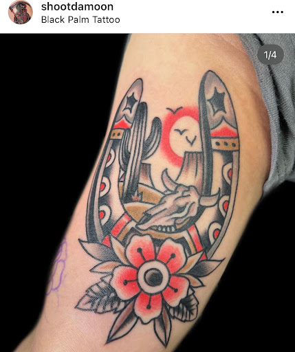 Explore neo traditional tattoo ideas, creative tattoo ideas in Orange, available at Black Palm Tattoo